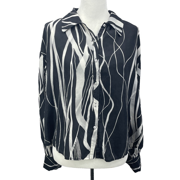 Black & White Tops - 90s Y2K Alexandra Bartlett Womens L Silk Blouse Abstract Black White Button Up